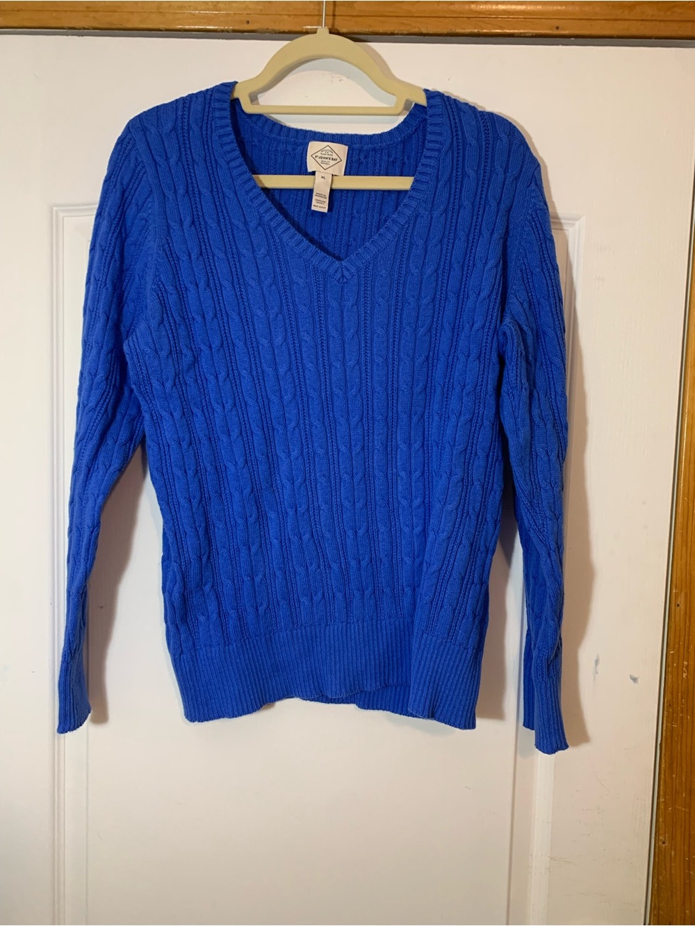 St John’s Bay Blue Cable Knit Sweater XL Coastal Grandma V Neck Cozy